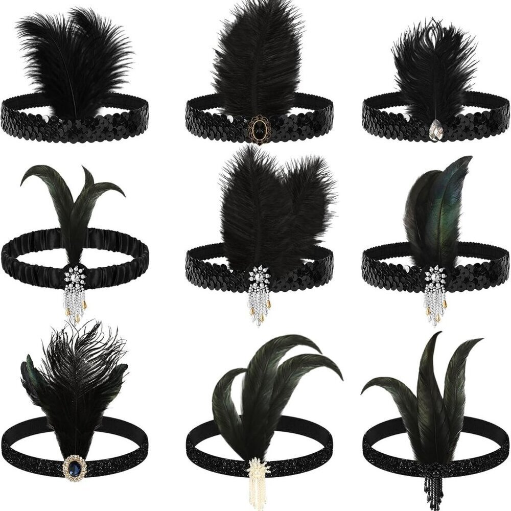 9 Pcs Vintage Rhinestone Flapper Headbands for 1920s Costumes Women
